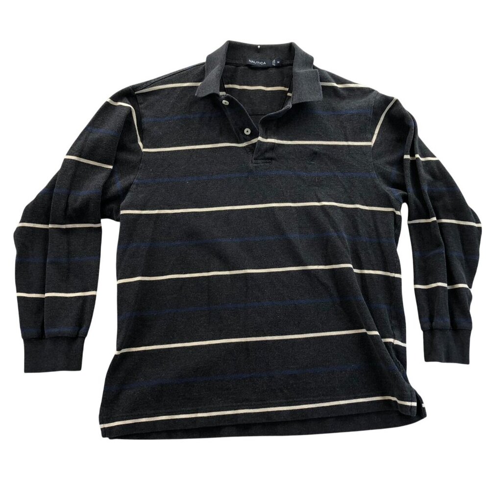 Nautica Mens Rugby Polo Shirt Medium Long Sleeve Gray Striped Casual Classic